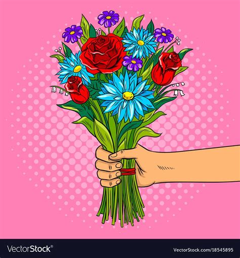 Hand holds bouquet of flowers pop art retro vector illustration. Comic ...