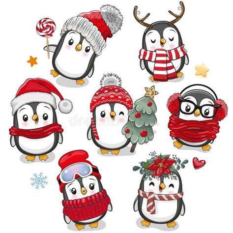 penguins wearing hats and scarfs with christmas decorations