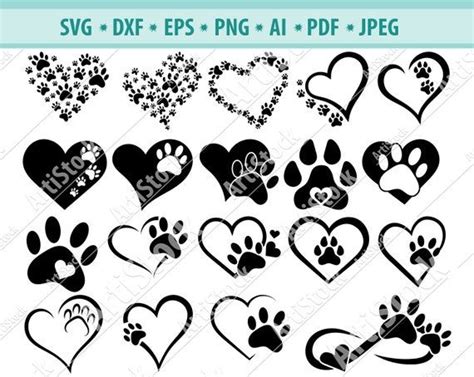 Dog Paw Heart SVG, Paw Bundle SVG, Paw Print SVG, Dog Svg, Digital Cut File for Silhouette and ...