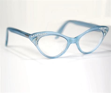 Vintage 50s / 60s Blue Cat Eye Glasses Frames with Rhinestones