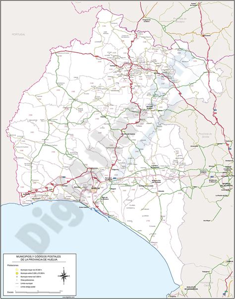 Map of huelva province with municipalities, postal codes and major roads