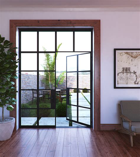 Custom Steel Grid Double Glass Door with Transom - A113 - Abby Iron Doors