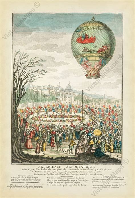 Montgolfier Brothers Hot Air Balloon Flight Over Lyon Old Antique ...