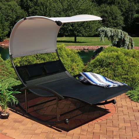 Sunnydaze Outdoor Double Chaise Rocking Lounge Chair with Canopy Shade and Headrest Pillows ...