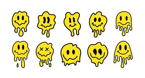 Hand drawn melting smiley faces set doodle drawings funny melted smile faces happy smiling ...