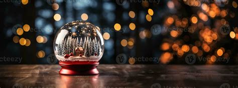 Christmas Snow Globe with Pine Trees and Cabin on a Wood Surface Banner ...