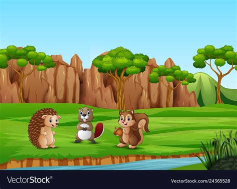 Cartoon happy animals on the field Royalty Free Vector Image