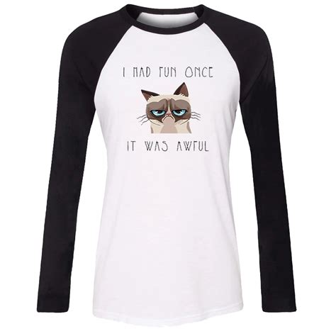 iDzn Women's Casusl T shirt Funny Grumpy Cat Quotes I Had Fun Once It Was Awful Long Sleeve Girl ...