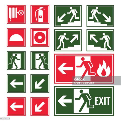 Evacuation And Emergency Signs In Green And Red Colors Stock ...