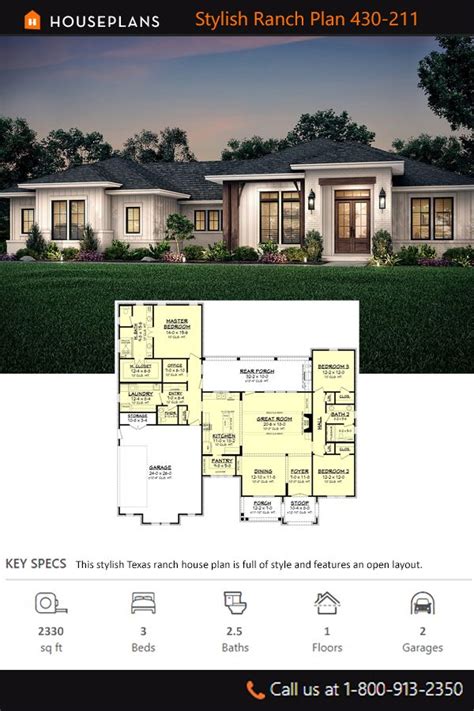 Ranch Style House Plan - 3 Beds 2.5 Baths 2330 Sq/Ft Plan #430-211 | Ranch house plans, Ranch ...