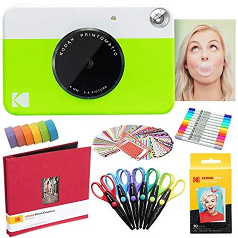 Kodak Printomatic Instant Camera (Green) Zink Paper (20 Sheets) + 8x8 Scrapbook + 12 Markers ...