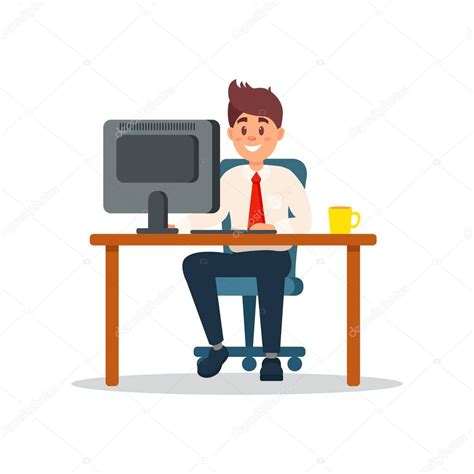 Cartoon sitting at computer | Smiling businessman sitting at the desk working with laptop ...