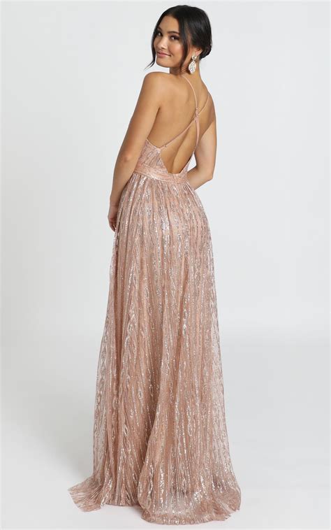 Romantic Night Maxi Dress In Rose Gold Glitter | Gold glitter dress ...