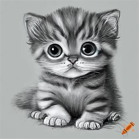 Drawing of cute baby cat, no colour, big eyes, black and white on Craiyon