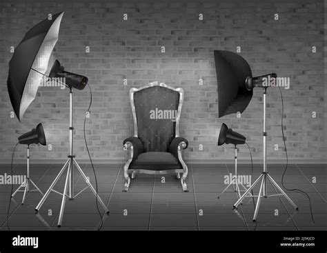 Vector background, photo studio with empty armchair and gray brick wall, lamps, umbrella ...