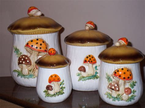 Vintage Mushroom Canister Set of 4 with 4 mugs