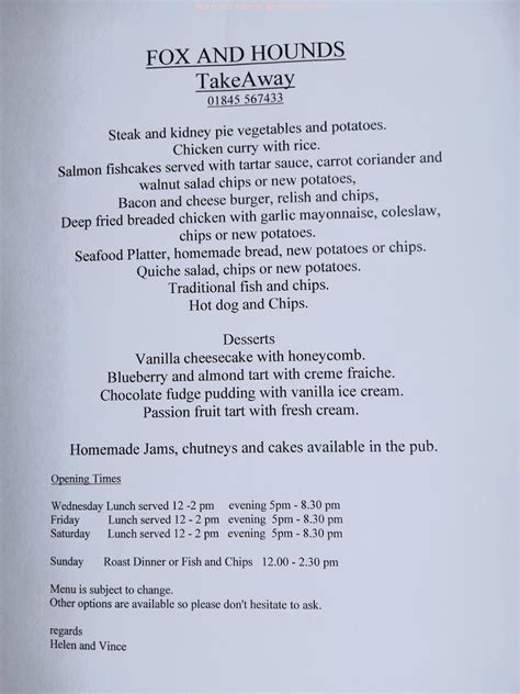 Online Menu of The Fox & Hounds Restaurant, Bedale, United Kingdom, DL8 ...