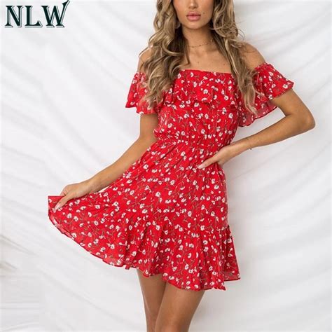 NLW Red Floral Print Mini Dress Ruffle Off Shoulder Summer Dress 2018 Women Girl Beach Party ...