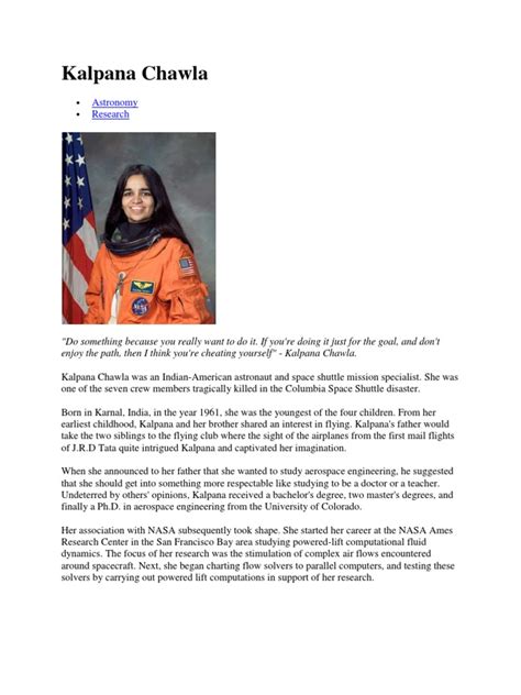 Kalpana Chawla Biography | PDF | Spaceflight | Space Exploration