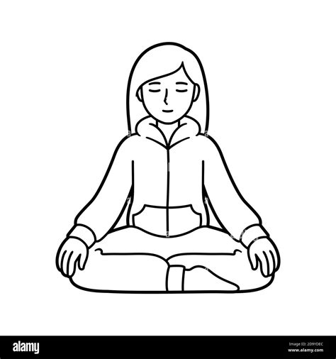 Young woman sitting in meditation in comfortable home clothes. Simple ...