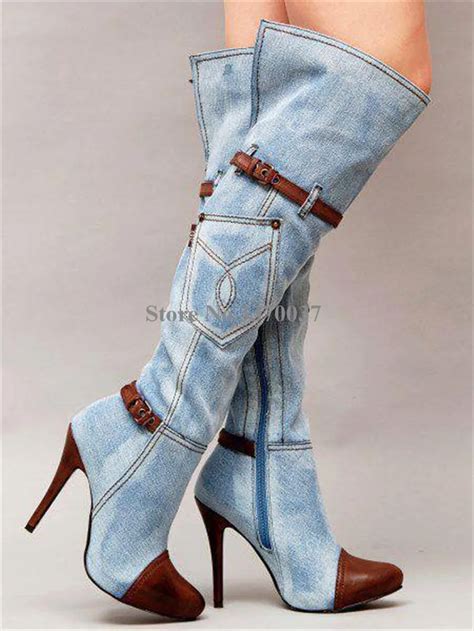 High Quality Women Fashion Pointed Toe Blue Denim Over Knee Boots Patchwork Long High Heel Jean ...