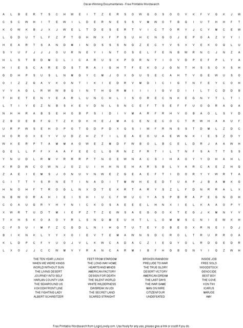 Oscar-Winning Documentaries Word Search - Hard - Logic Lovely