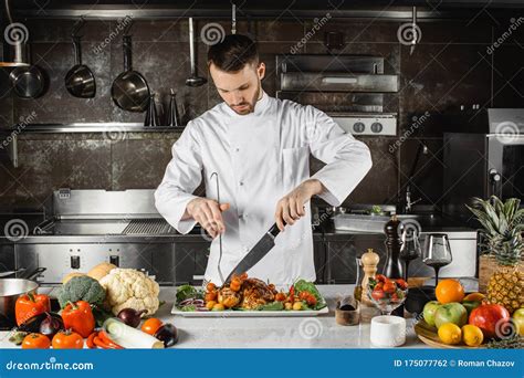 Chief-cooker Cut Cooked Meat in Kitchen Stock Photo - Image of ...