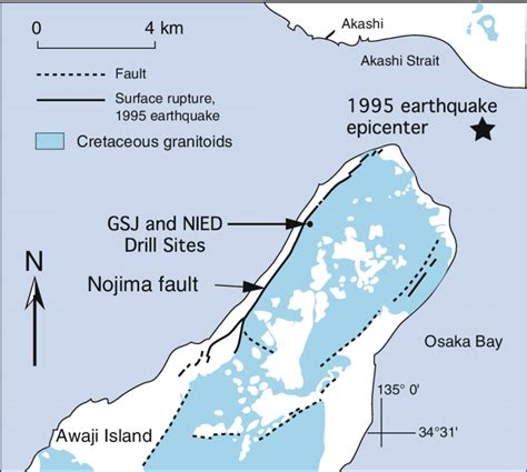 Map detailing 1995 Kobe earthquake epicenter (star) and surface rupture ...