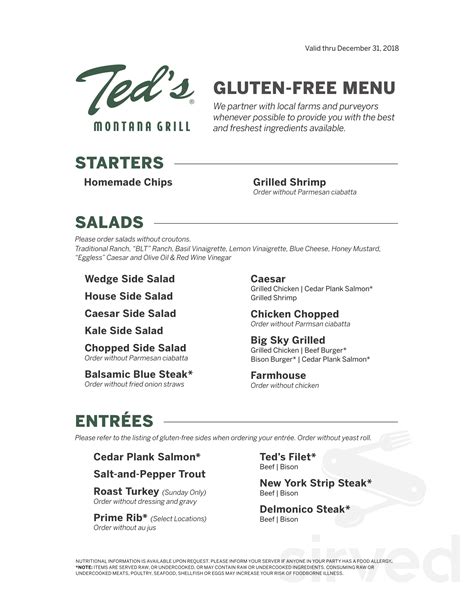 Ted's Montana Grill menu in Bolingbrook, Illinois, USA