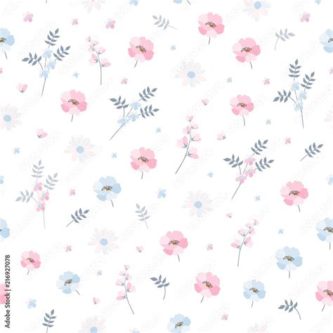 Delicate ditsy floral pattern. Seamless vector design with light blue and pink flowers on white ...