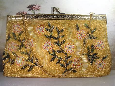 Vintage Gold Beaded Purse, Beaded Clutch, Green Leaves and Floral Design, Evening Purse, Formal ...