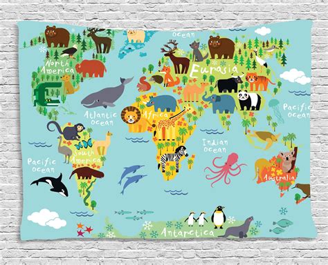 Animals World Map Kids Print Wall Hanging Tapestry - Metal Pigeon