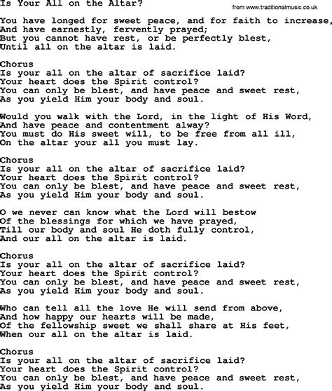 Baptist Hymnal, Christian Song: Is Your All On The Altar- lyrics with PDF for printing ...