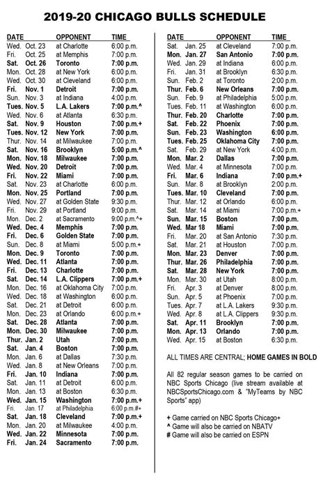 Chicago Bulls Printable Schedule