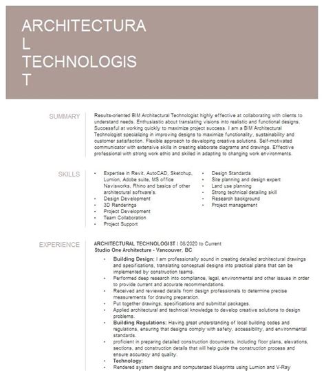 Architectural Technologist Resume Example