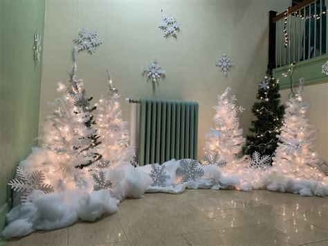 Winter Wonderland scene with trees and snow and snowflakes on stair ...