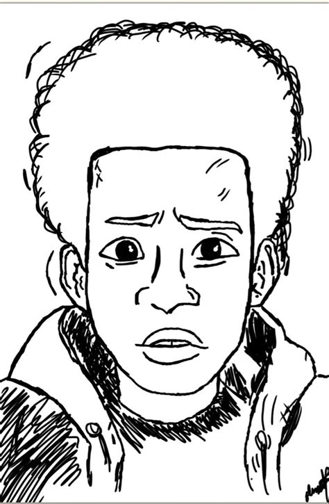 a black and white drawing of a man's face with an afro haircut