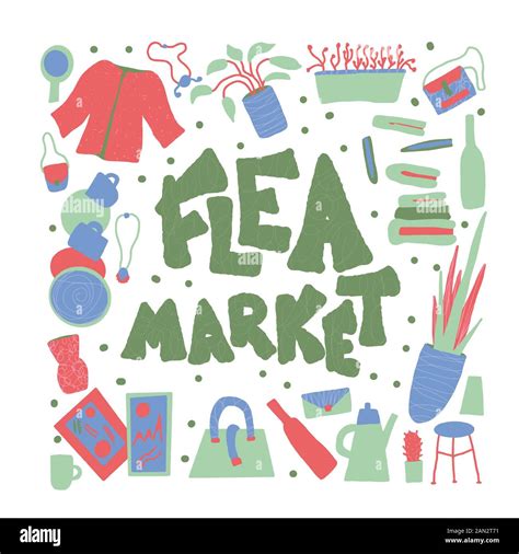 Flea market emblem. Stylized text and hand drawn decoration. Banner and ...