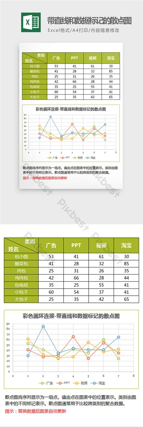 Green Scatter Chart Excel Template With Straight Line Data Markers Excel | XLSX Template Free ...