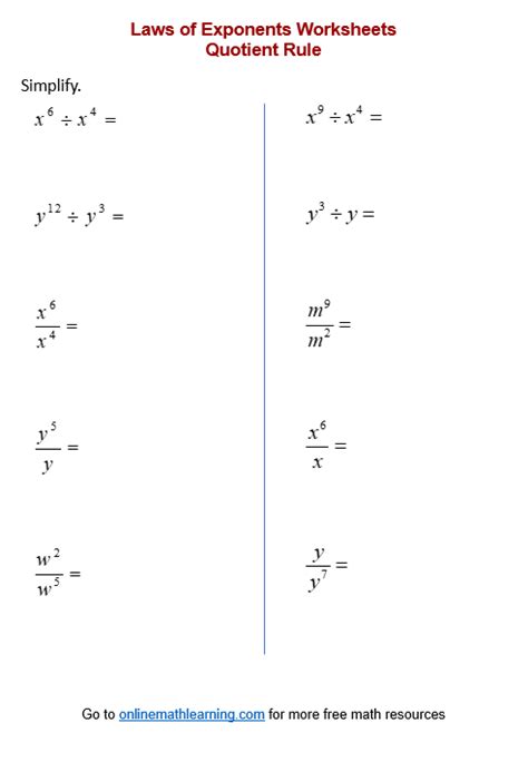 Quotient Rule of Exponents Worksheets (printable, online, answers, examples)