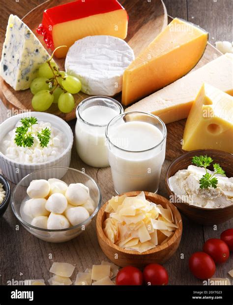 A variety of dairy products including cheese, milk and yogurt Stock ...