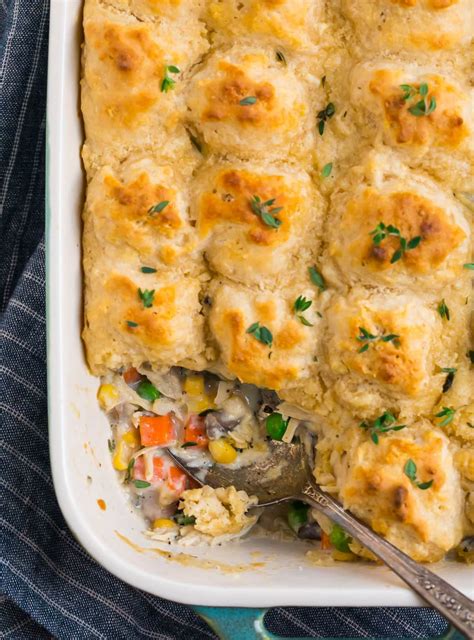 Easy Chicken and Biscuits Casserole. Made with shredded chicken, frozen veggies, and easy ...