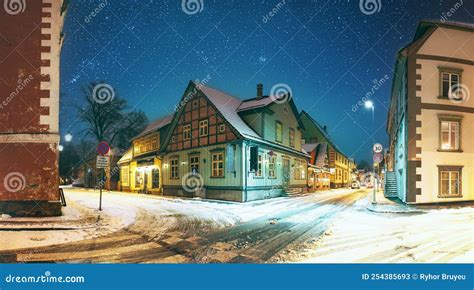 Parnu, Estonia. Night View of Kuninga Street with Old Buildings, Houses, Restaurants, Cafe ...