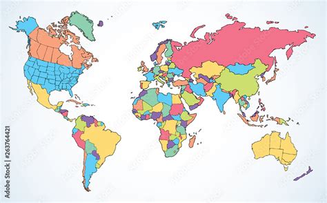 World map. Continents with the contours of the countries. Vector ...