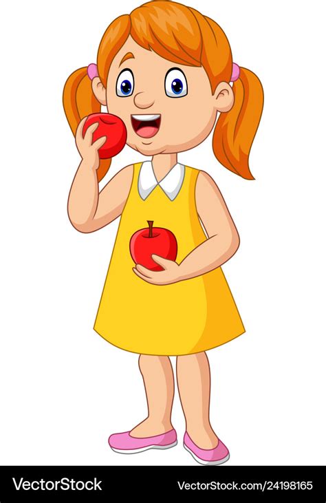 Cartoon little girl eating apples Royalty Free Vector Image