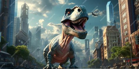 Premium AI Image | A Dinosaur Grazing in a modern city cartoon style AI Generative Image