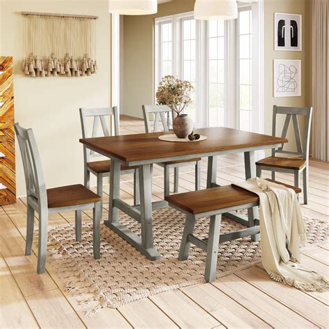 Set of 6 Dining Table Set, Wooden Farmhouse Kitchen Furniture Set Dining Table with Smooth ...