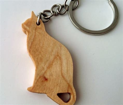 Wooden Cat Keychain Birch Wood Animal Keychain by PongiWorks