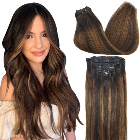 MEEZAA Remy Hair Extensions Clip in Human Hair Ombre Dark Brown to Chestnut Brown 14 Inch 120g ...