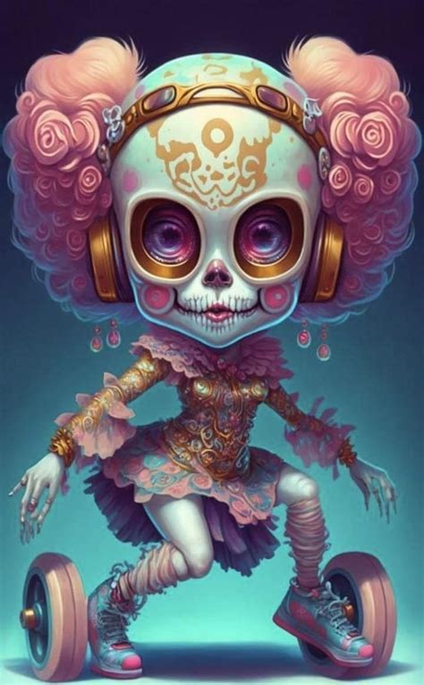 a skeleton with pink hair and headphones is riding a skateboard in ...